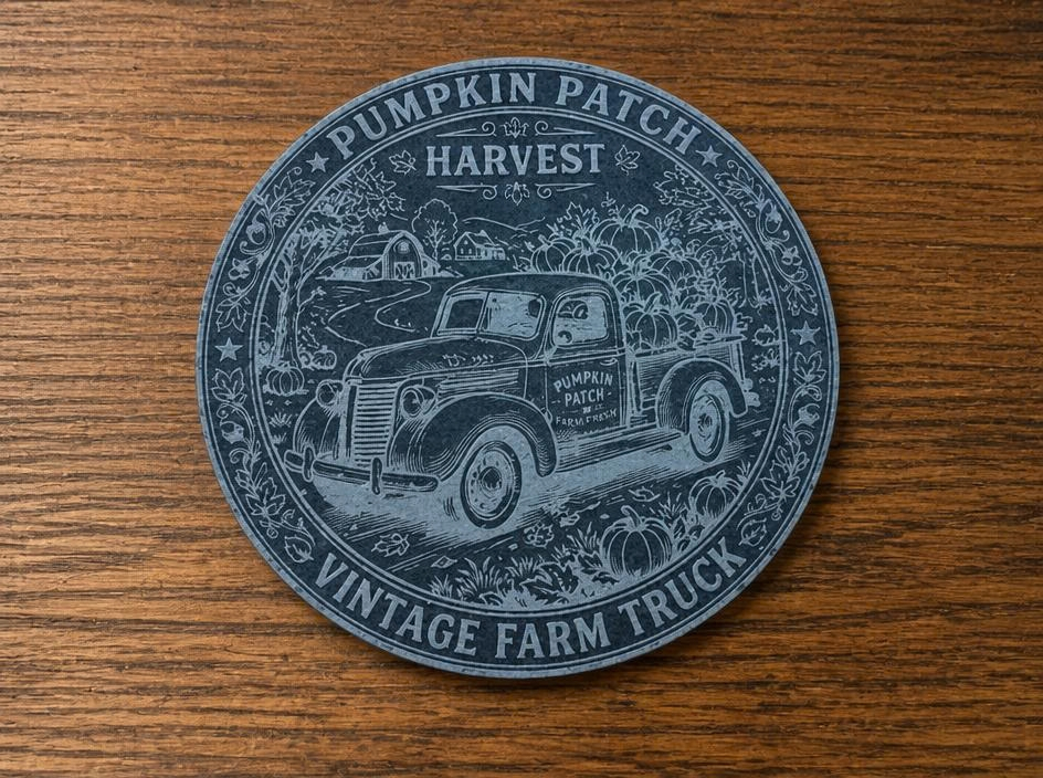 Round Slate Coaster Fall Harvest Truck